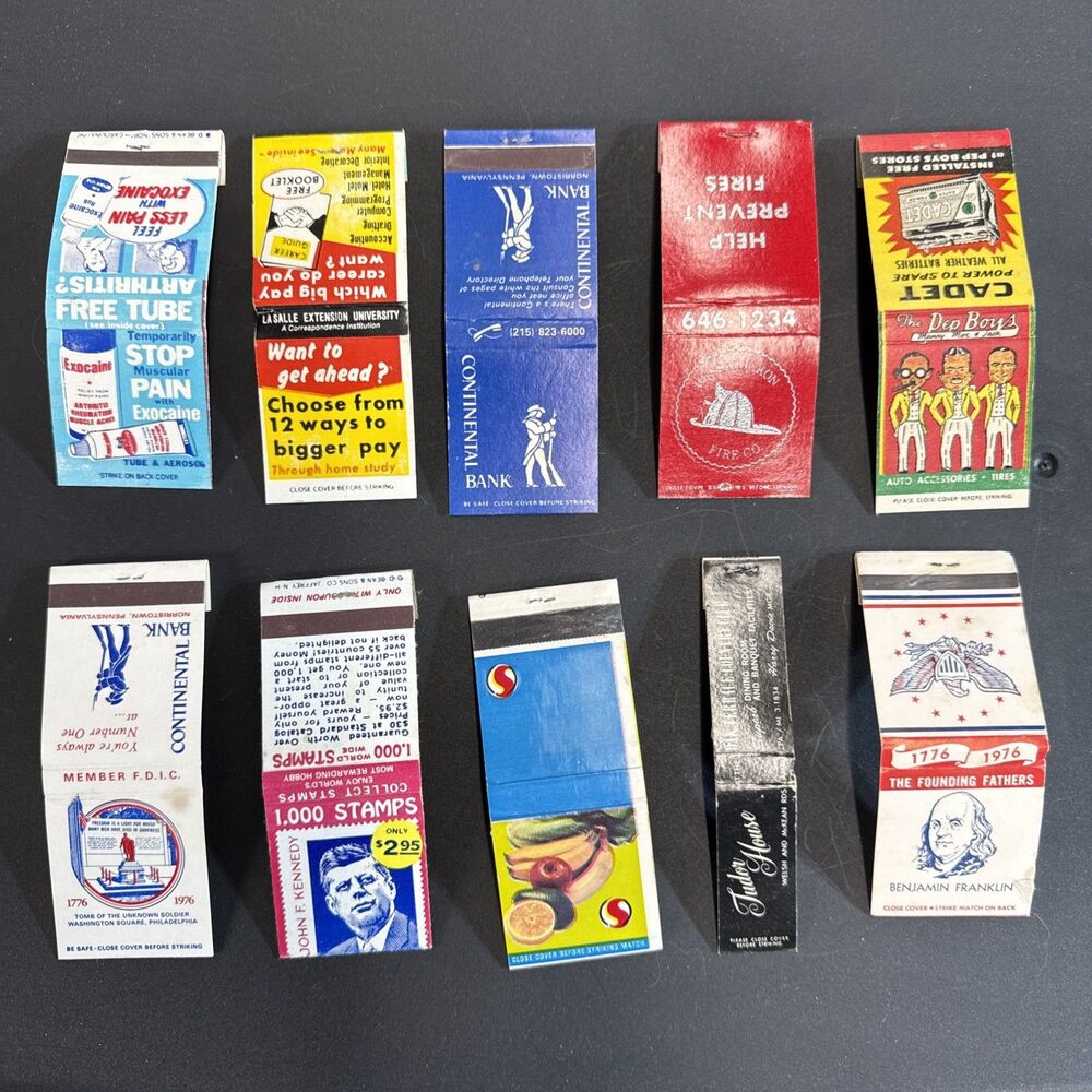 Set of 10 Vintage Matchbooks - Advertising food Pep Boys bicentennial fire co.